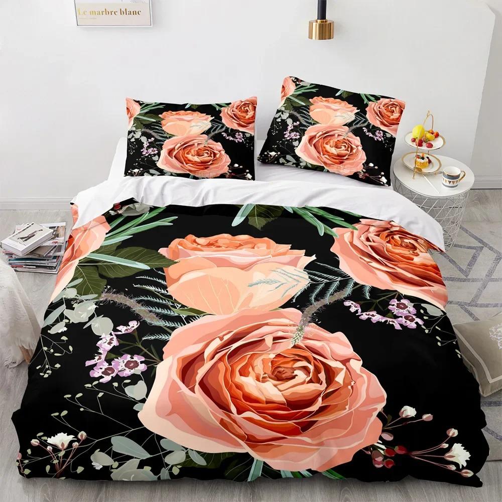 Red Flower King Queen Duvet Cover Pink Rose Bedding Set Dahlias Quilt Cover Floral Leaves White 2/3pcs Polyester Comforter Cover