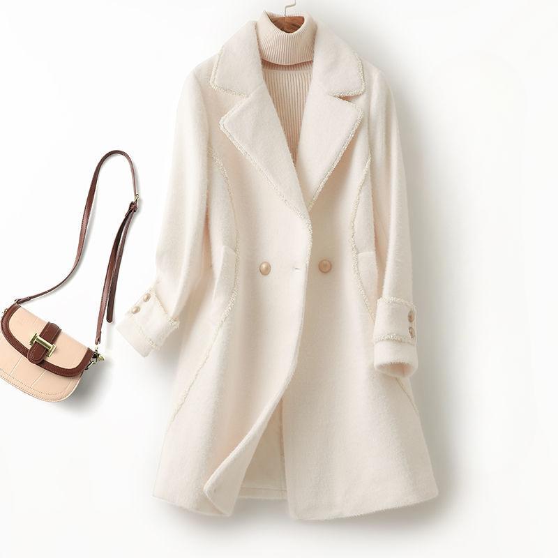 Women's  Autumn Winter  Slim Fit Woolen Coat Imitation Mink Fleece Mid Length Casual Fashion Woolen Coat Long Coat Women