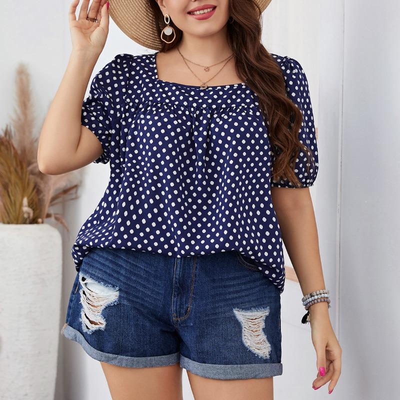 Sommer Herbst Damen Chiffon Kurz Rundhals Bluse Karomuster Temperament Pendler Polka Dot Hemd XL-4XL