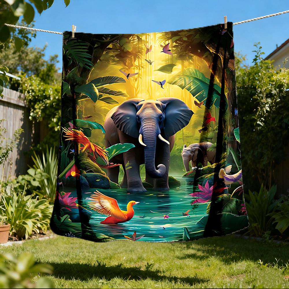 1pc Jungle Elephant Print Outdoor Blanket, Lightweight Polyester, 80x120cm