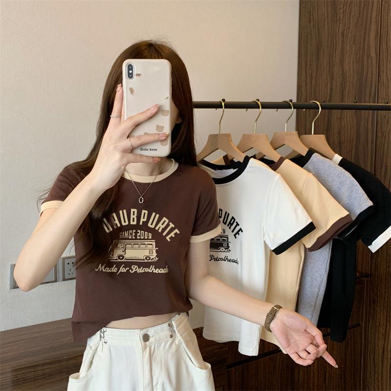 Sommer slank ung jente korte T-skjorter harajuku Enkelt bokstavtrykk Crop Tops Kvinner Uformelt kortermet T-skjorte Sports topp koreanske klær