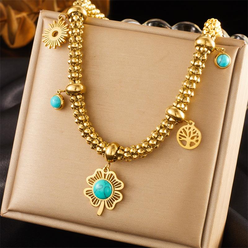 Ladies Four-leaf Clover Life Tree Necklace Earring Jewelry Set 2 in 1