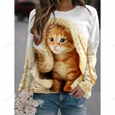 Damska modna bluza z kapturem Street Casual 3D Printed Cat Pullover z okrągłym dekoltem i długim rękawem Top Damski luźny modny płaszcz