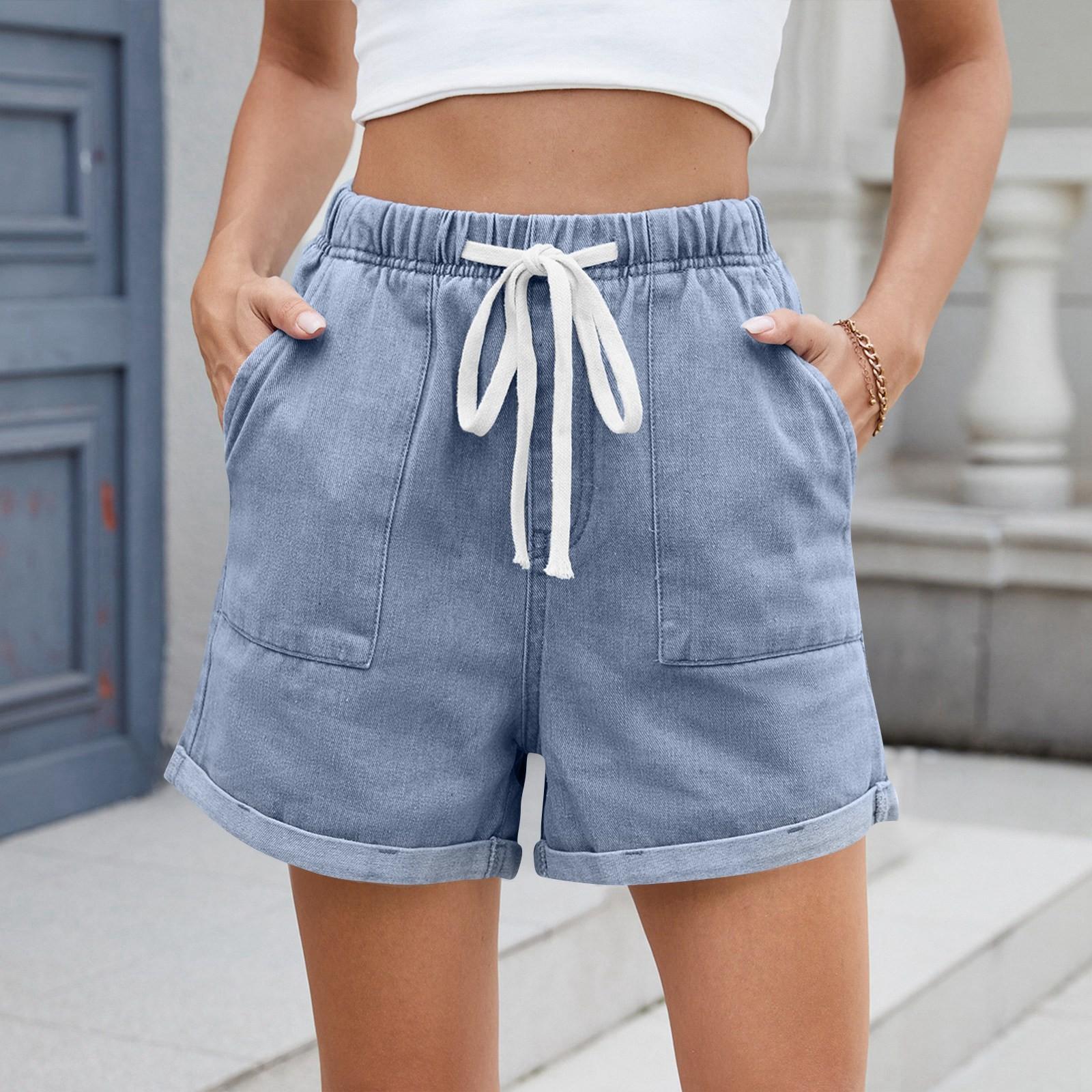 

Women s Fashion Color Pocket Curled Edge Elastic Waist Strap Casual Denim Shorts XXL