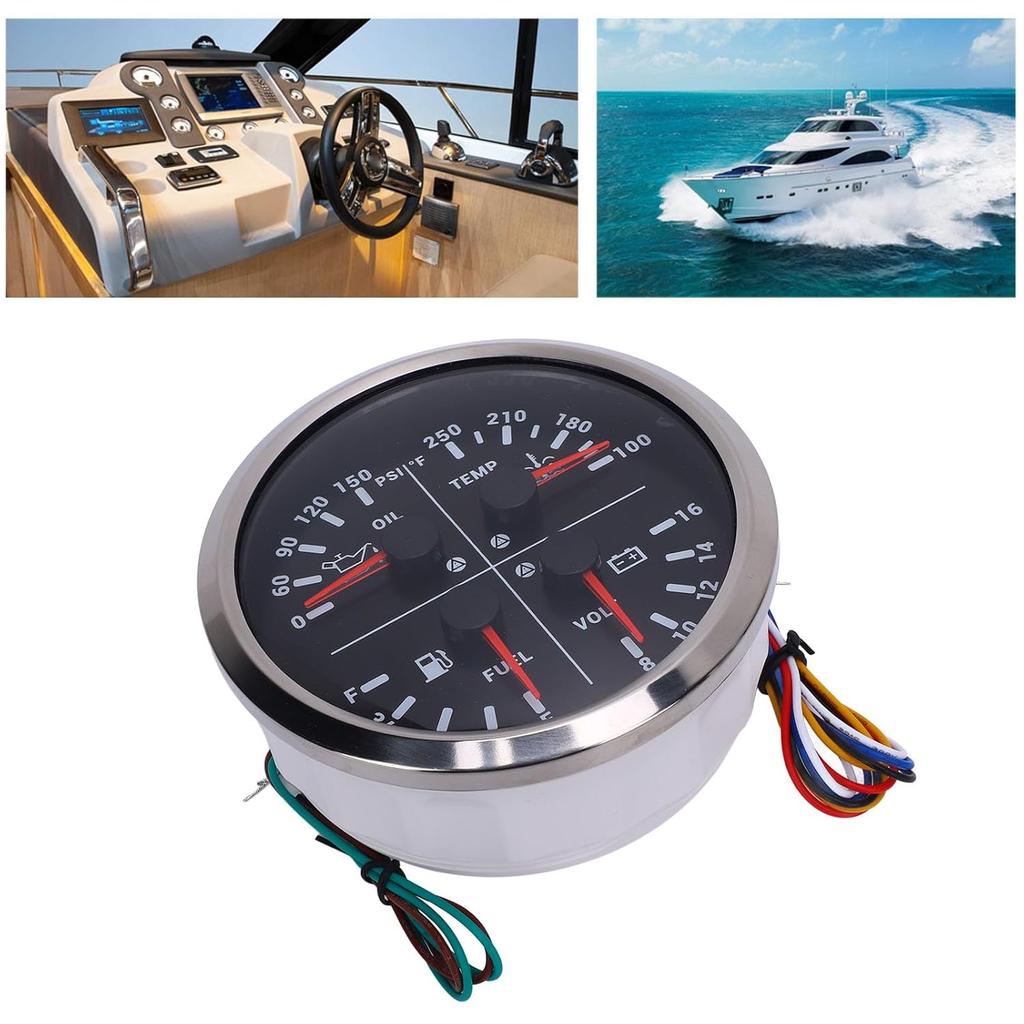 110mm 4 3/8in 4 in 1 Multifunction Gauge DC 12V 0-150PSI Oil Pressure Fuel Level 100-250℉ Water Temp 8-16V Voltmeter for RV Boat Truck (Black Dial