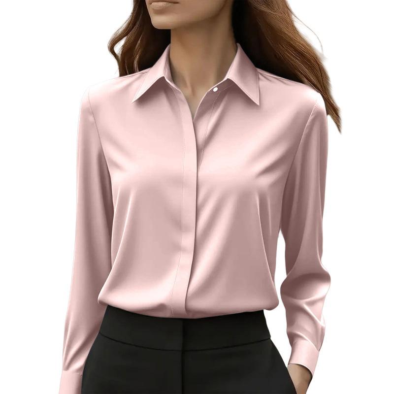 Autumn Solid Color Long Sleeve Shirt Lapel Satin Blouse Shirt for Women