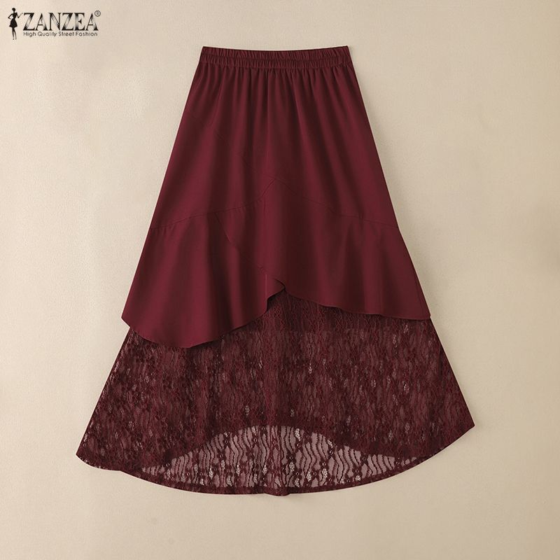 ZANZEA Women Elastic Waist Casual Lace Patchwork Irregular Pleated Skirts