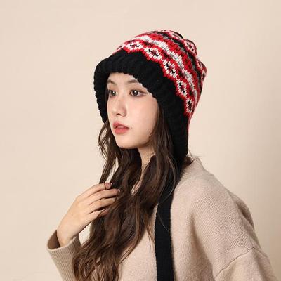 Sieviešu retro Fair Isle trikotāžas cepure - silta vilnas ausu aizsardzība