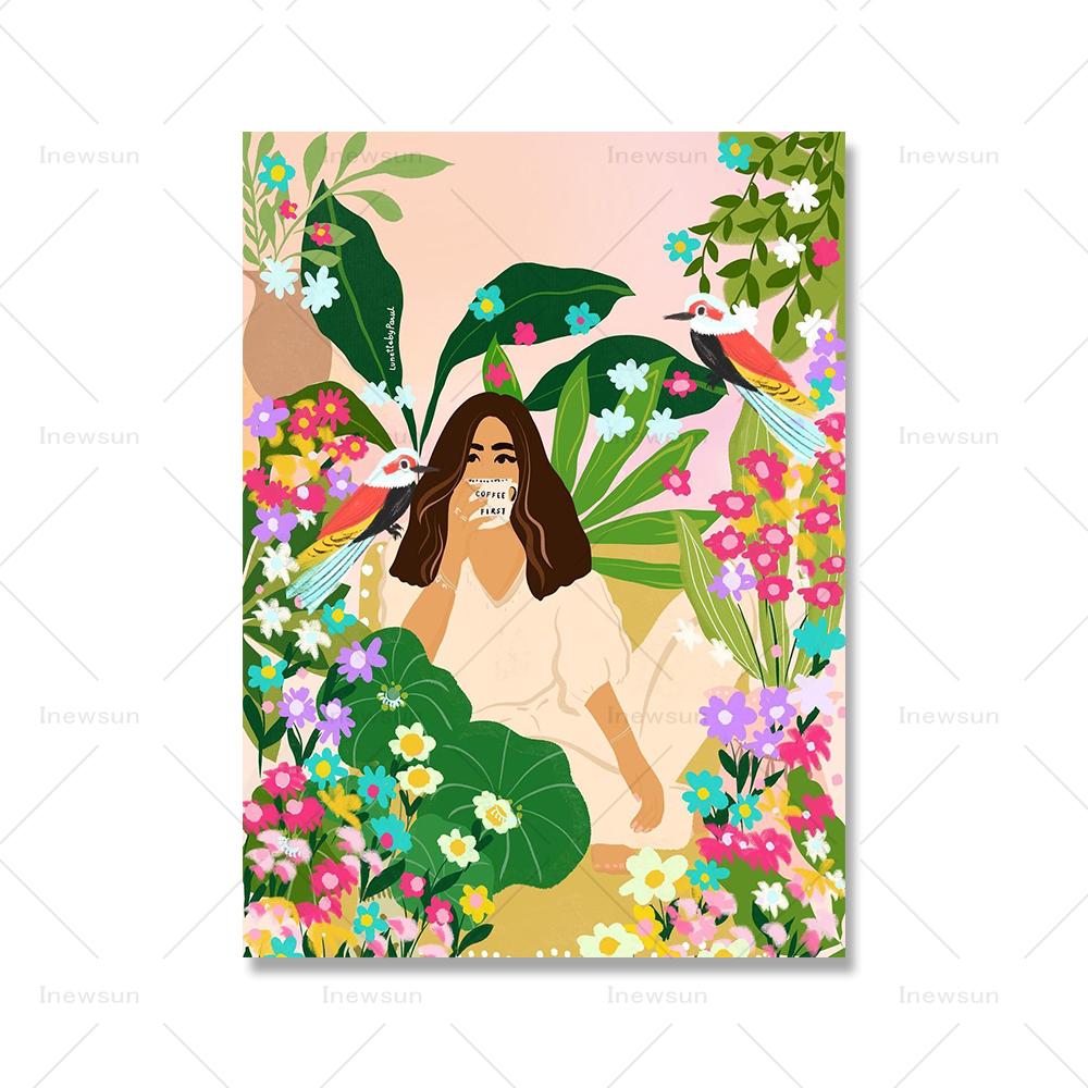 In Meditation Kunstdruck Yoga Dame Pflanze Darstellung Atmen Leinwand Abstrakte Blume Mädchen Wand Bild Für Wohnzimmer Wohnkultur