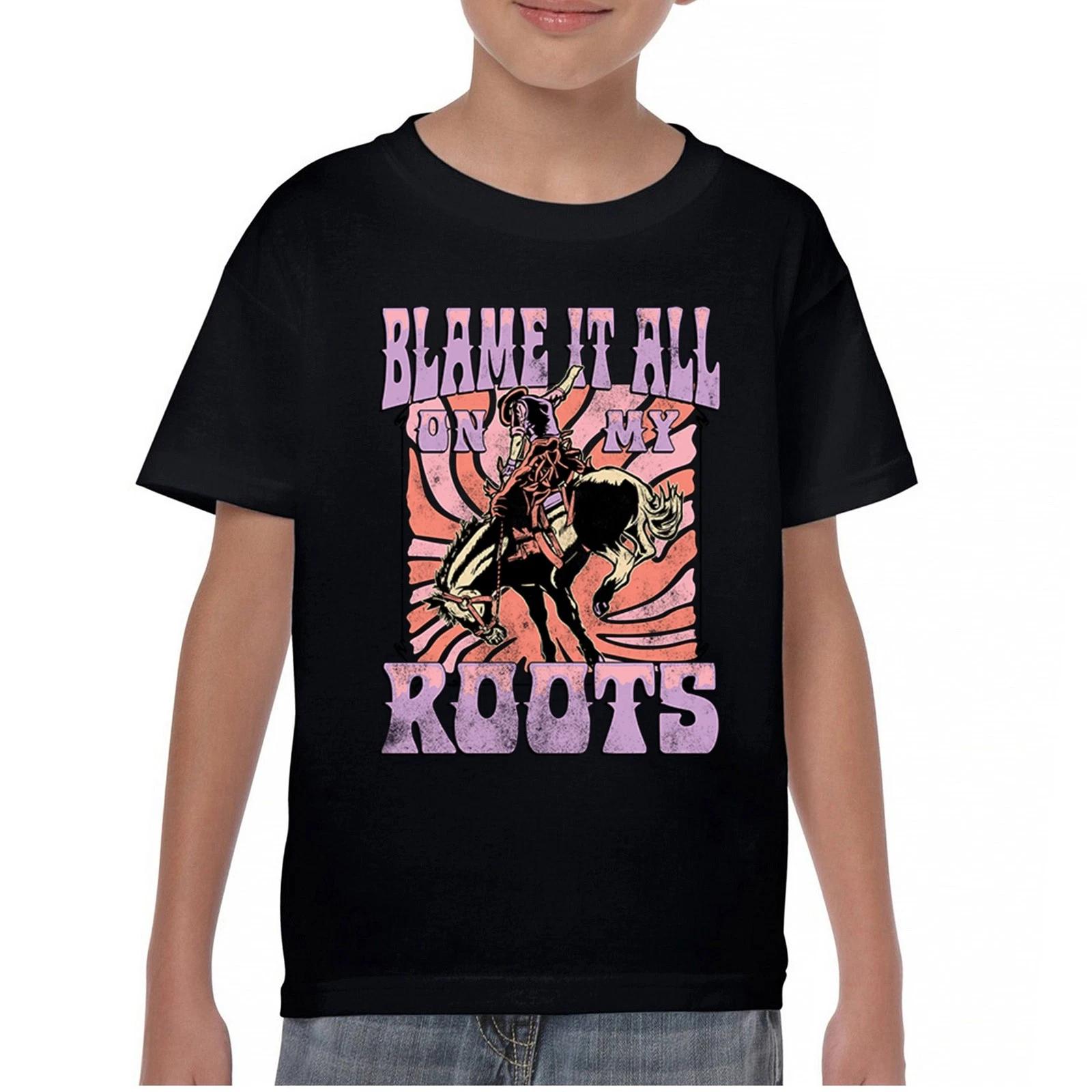 

Blame it All On My Roots Youth kids boys T-Shirt Country Fair USA Rodeo Cowgirl Kids 160
