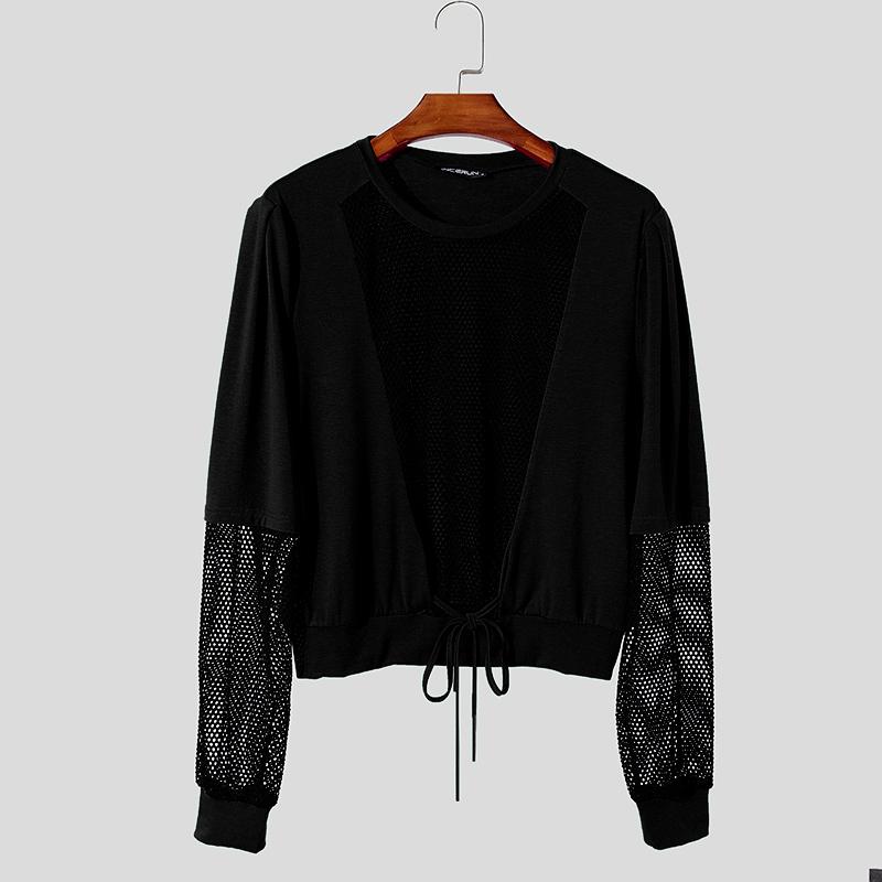 

INCERUN Sexy Men Mesh Patchwork Long Sleeved Hollow Out Short T-shirts Tops 2XL