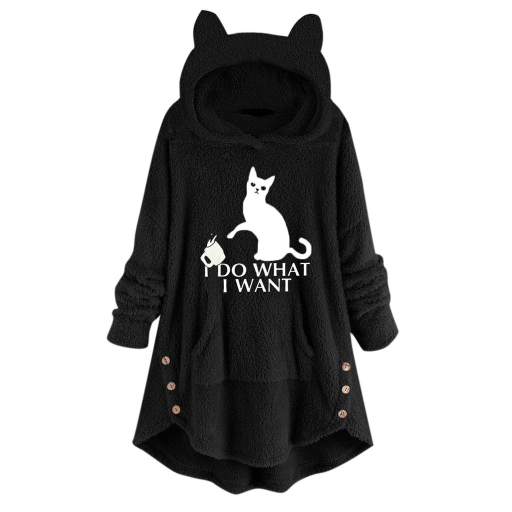 Women Fleece Embroidery Cat Ears Button Hem Plus Size Hoodie Top Sweater Blouse