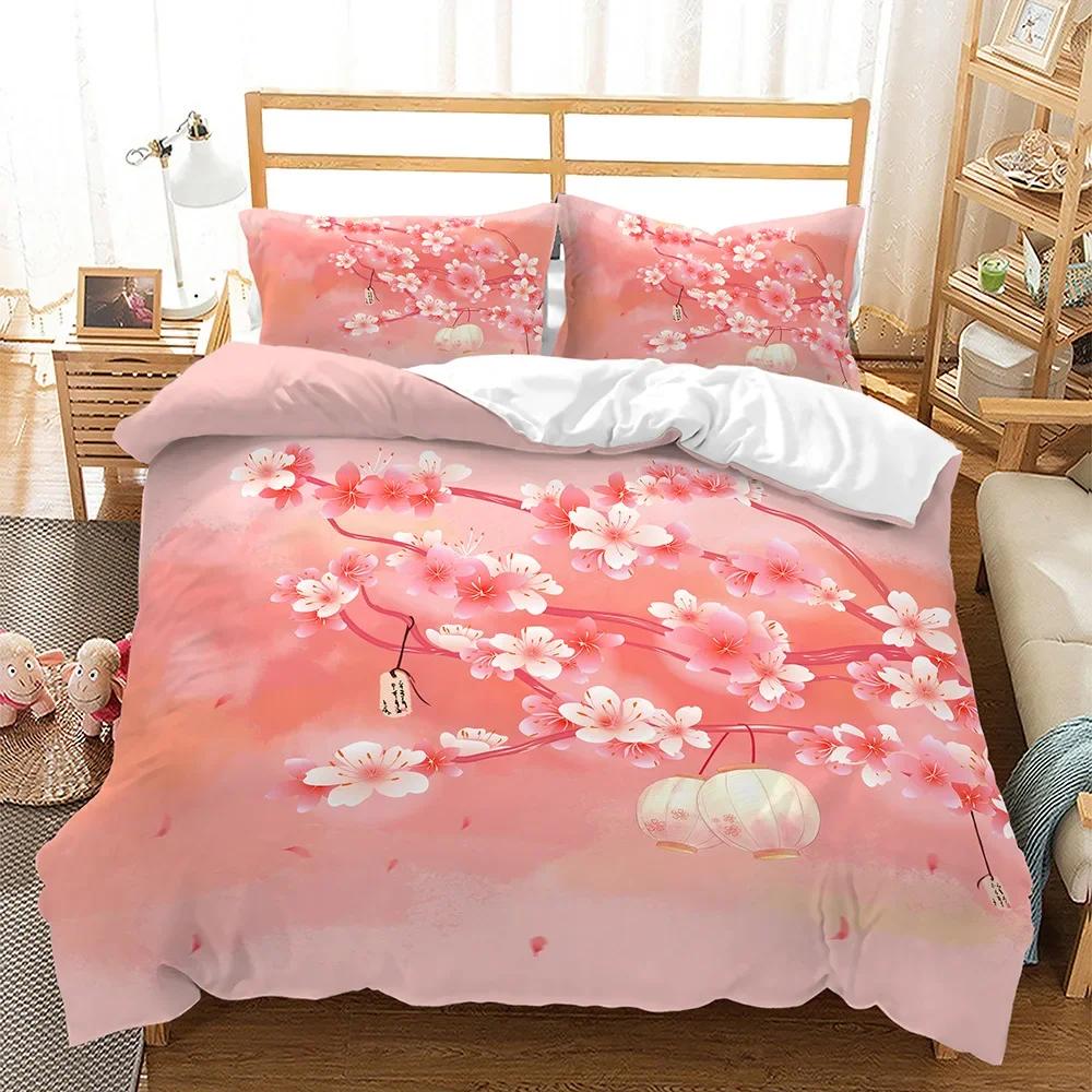 Cherry Blossoms Duvet Cover King/Queen Size,Japanese Sakura Tree Pink Floral Spring Vintage Cultural Bedding Set For Women Girls