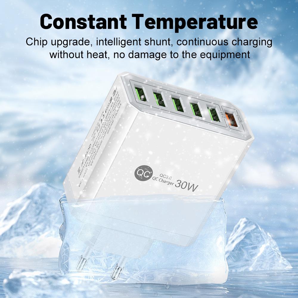 30W 6-Port QC3.0 Fast Charger with EU, US, UK, Korean Plugs