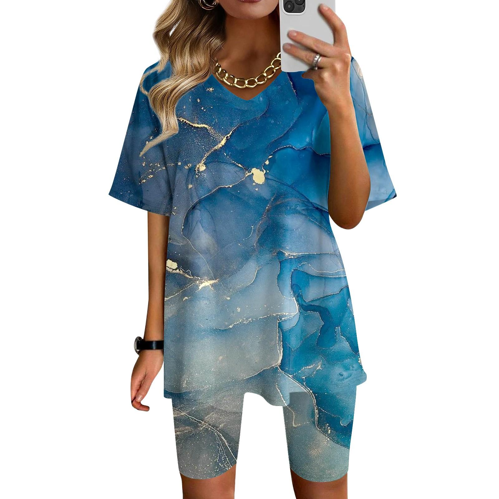 

Женская одежда для дома, комплект из двух предметов для женщин, летняя футболка с v-образным вырезом, топы, шорты, спортивный спортивный костюм для тренировок S синий