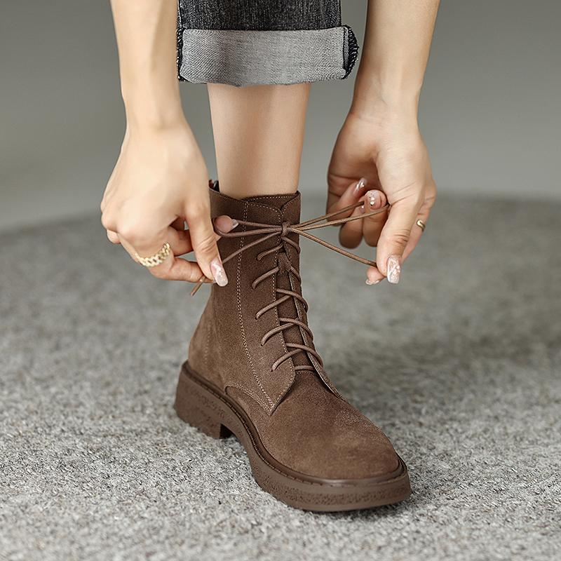 Kožené matné boty Martin s plochou podrážkou dámské 2025 nové britský styl silná podrážka šněrovací krátké boty jarní a podzimní kotníkové boty pracovní boty
