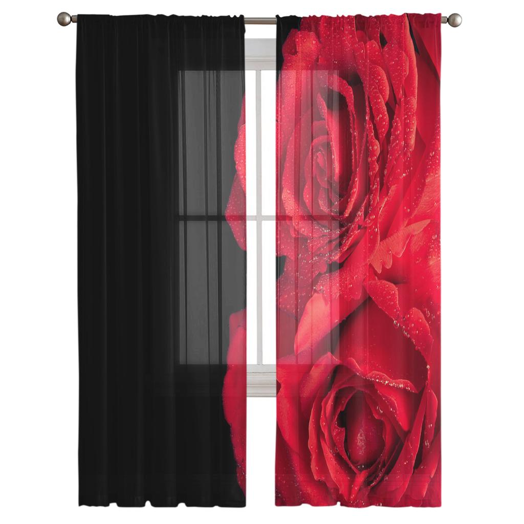 Red Rose Flower Black Tulle Curtains For Living Room Print Sheer Voile Curtain Bedroom Window Screening Drapes Blinds Home Decor