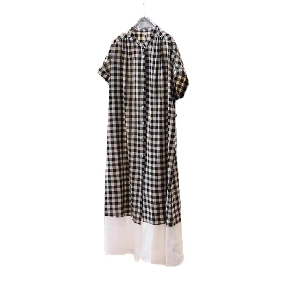 Plaid round neck splicing cotton and linen dress women's 2025 summer new casual loose style short-sleeved medium and long dress