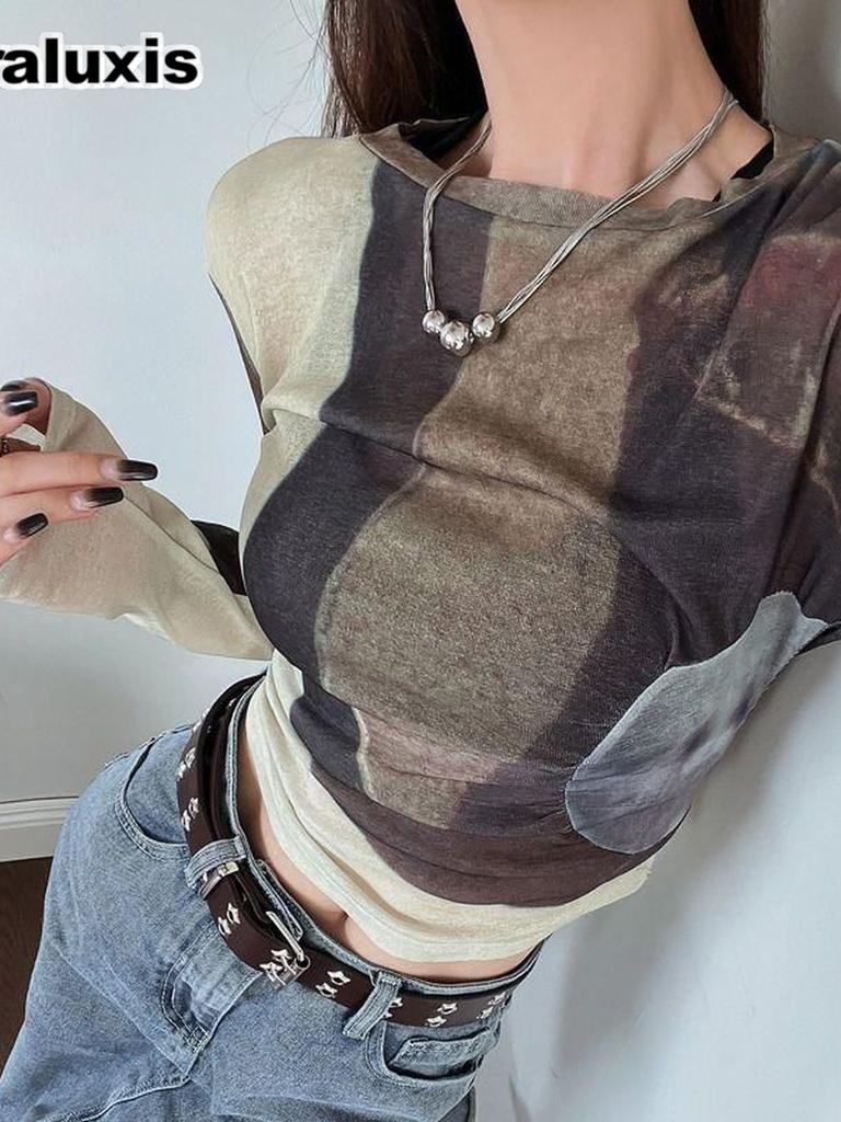Frühherbst Kurzarm Sonnenschutz Basis-T-Shirt Bunt Batik Temperamentvoll Elegant Rundhals Schlankes Netz Damen Top