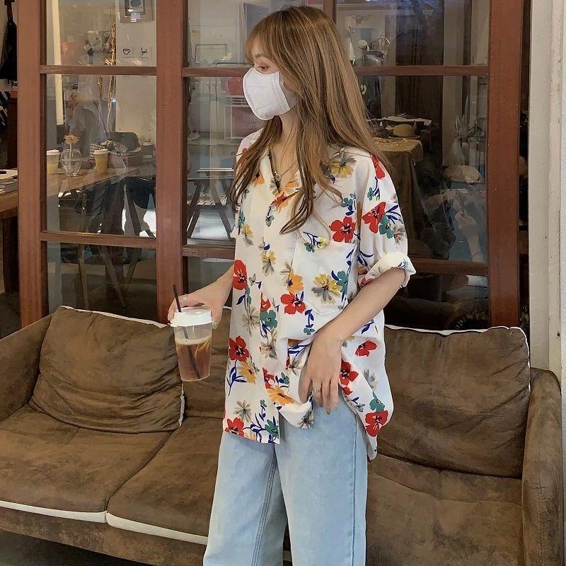 Retro Printed Women's Short Sleeved Shirts Loose Fashionable Versatile Bloues Korean Minimalist Ladies Clothing