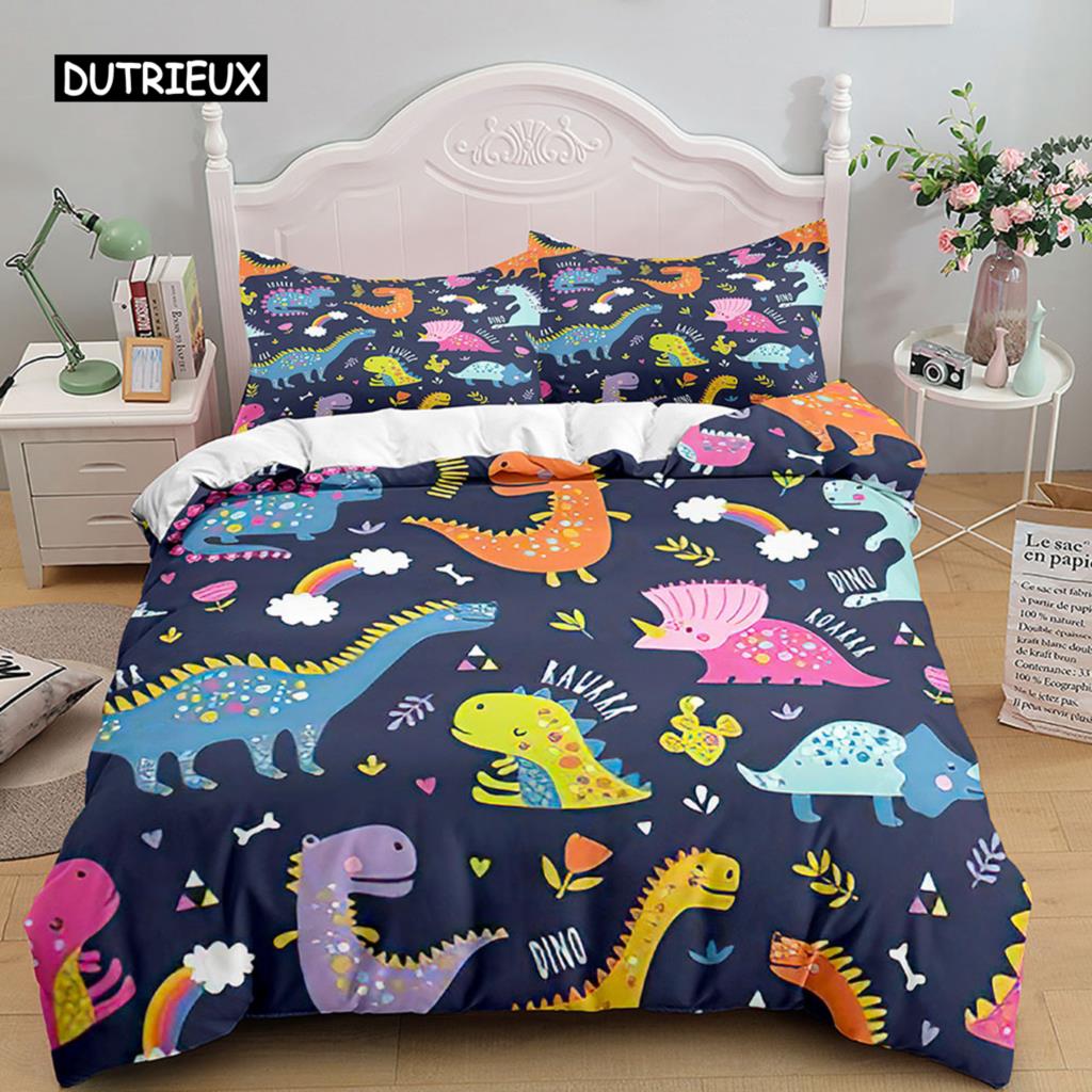 Cartoon Dinosaur Duvet Cover 3D Kawaii Animal Boy Bedding Set for Kids Girls Soft Microfiber Quilt Cover with Zipper Closure