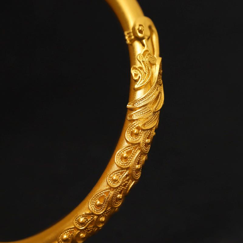 Vietnamese Sand Gold Peacock & Dragon Bracelet: Retro Silk Peony Design, Copper-Plated, Brings Auspiciousness, Noblewoman Jewelry.