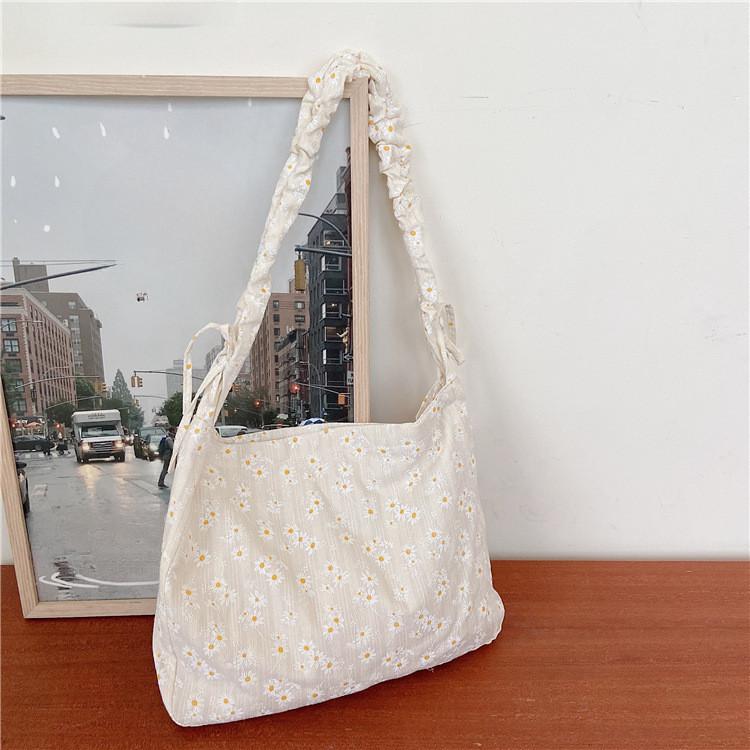 Chic Fresh Daisy Canvas Shoulder Bag For Women Soft And Sweet Cotton Linen Tote Bag
