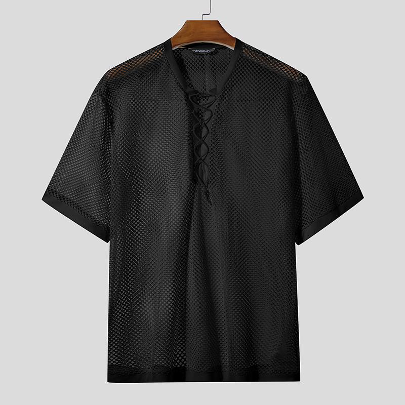 

INCERUN Мужские футболки с коротким рукавом, шнуровкой на шее, сетчатые, прозрачные, для пляжа M