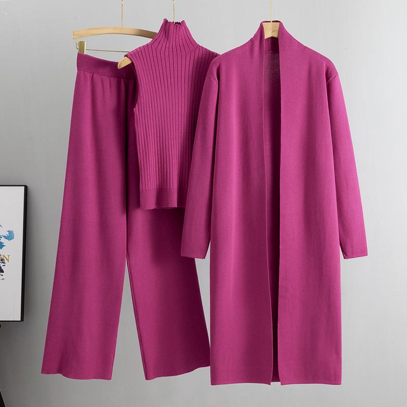 

Весна-осінь Жіночий кардиган Спортивні костюми Модні трикотажні штани Жіночий светр Костюм Вінтаж Модний жіночий комплект 3 предмети one size рожевий червоний колір