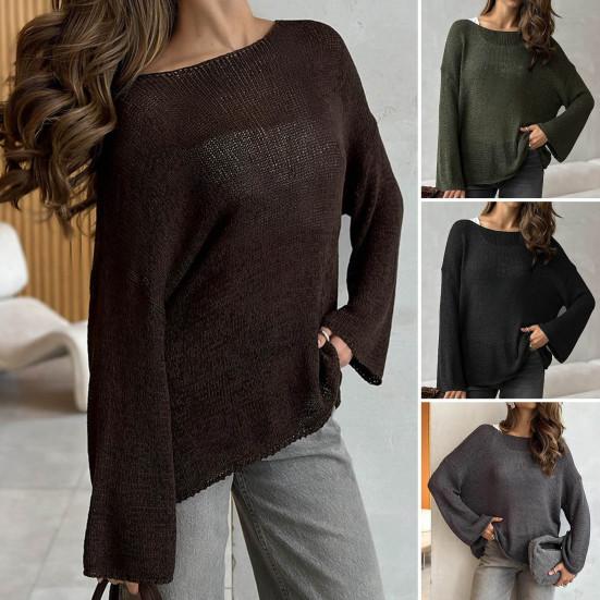 Dame Strikketopper Rund Hals Langermet Genser Topper Løs Passform Ensfarget Høst Pullover Topper Strikk
