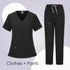Women's Short Sleeved Solid Color V-Neck Pocket Top Pants Work Clothes Two Piece Set