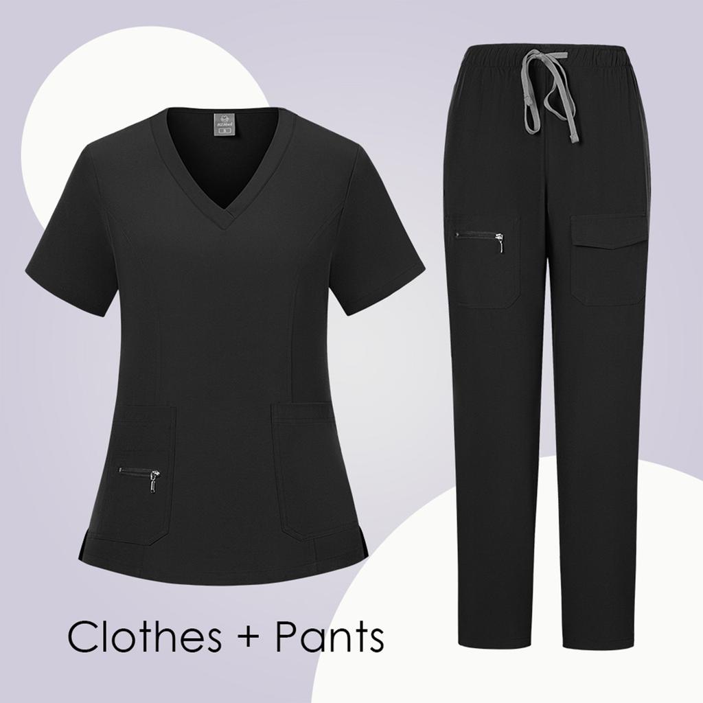 Women's Short Sleeved Solid Color V-Neck Pocket Top Pants Work Clothes Two Piece Set