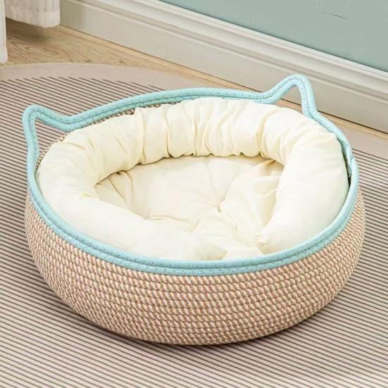 Cat Basket Bed with Cushion Cotton Rope Handwoven Pet Bed Breathable Cat Ear Pet Bed for Indoor Cats