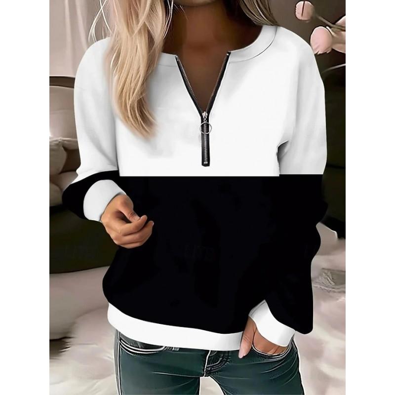 Womens V-Neck Half-Zip Long Sleeve Oversized Hoodie With Geometric Print Casual Comfort Fit 2025