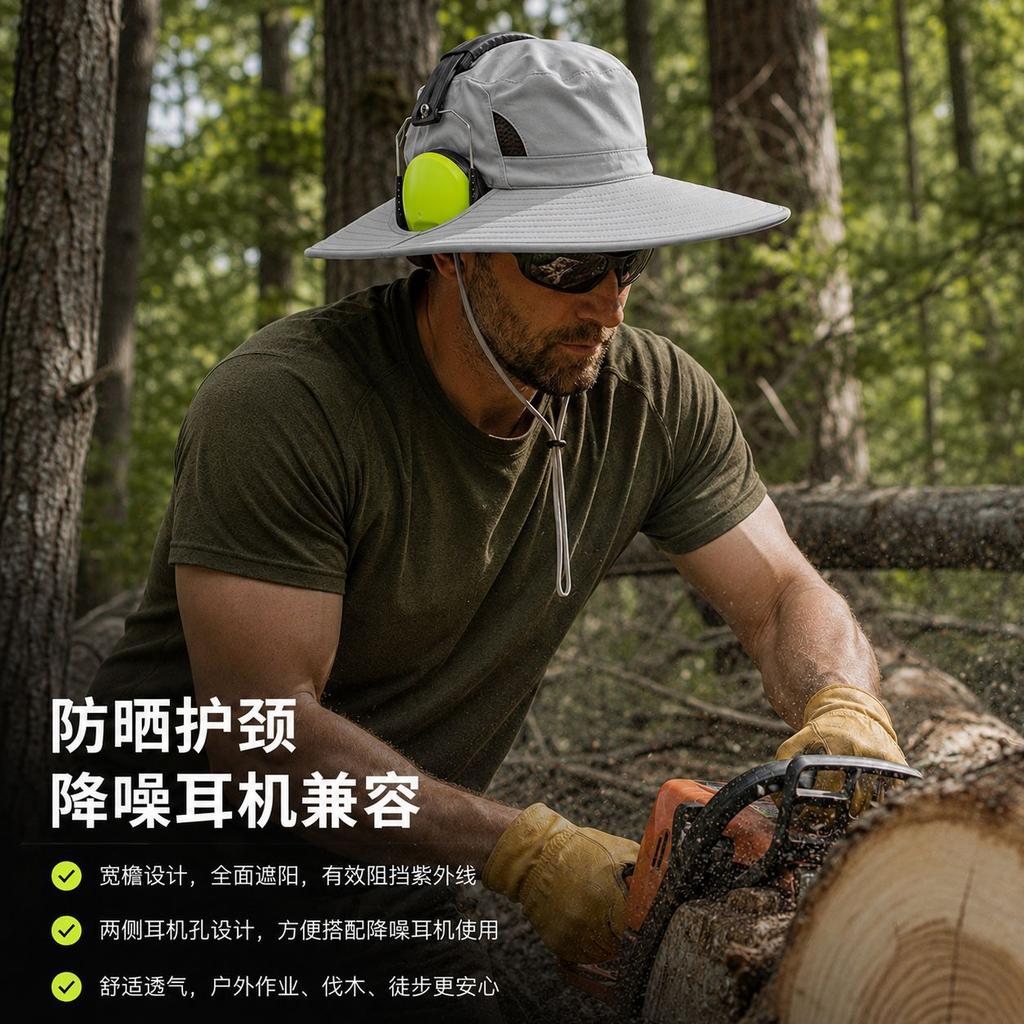 Mens Large Brim Wire Supported Sun Protection Outdoor Fisherman Hat Compatible With Headphones