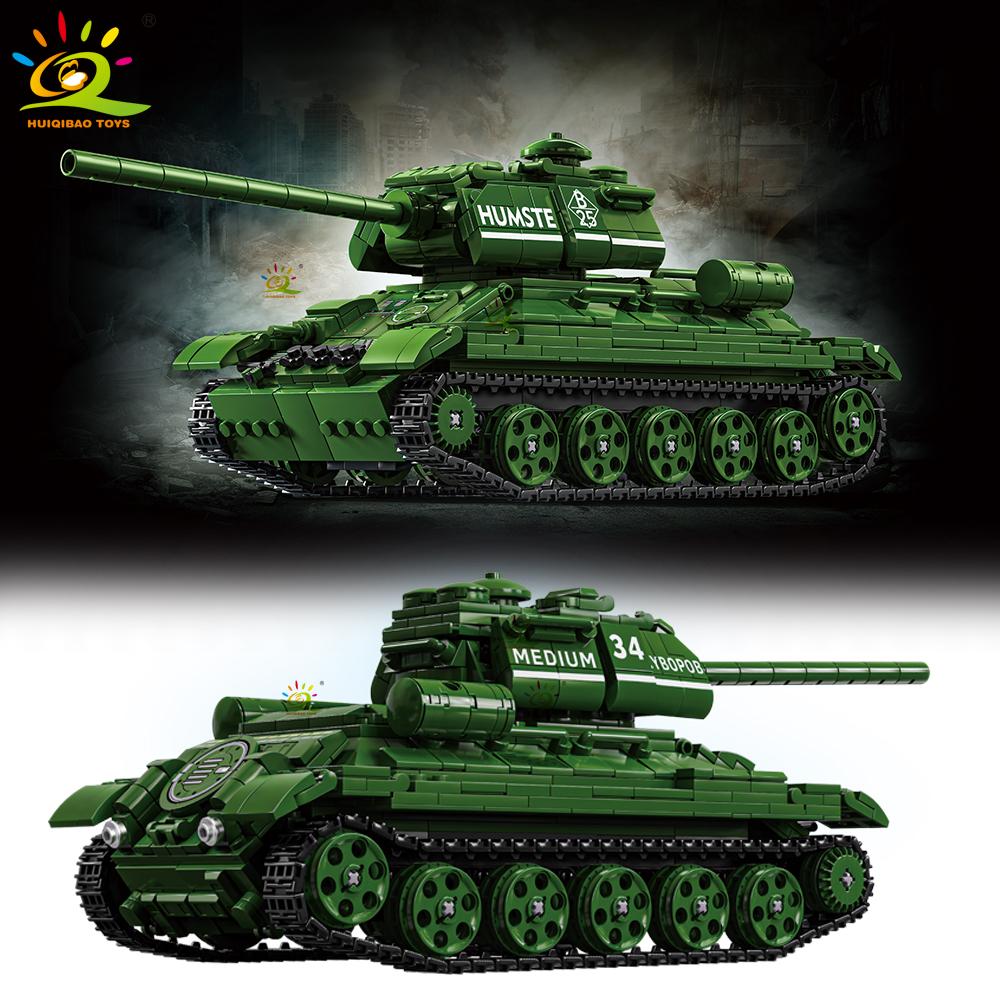 HUIQIBAO WW2 Wojskowy Czołg T-34 Zestaw Klocków Budowlanych dla Dzieci Broń Armii Samochód Ciężarówka Klocki Zabawka Miasto Klocki Budowlane Prezent