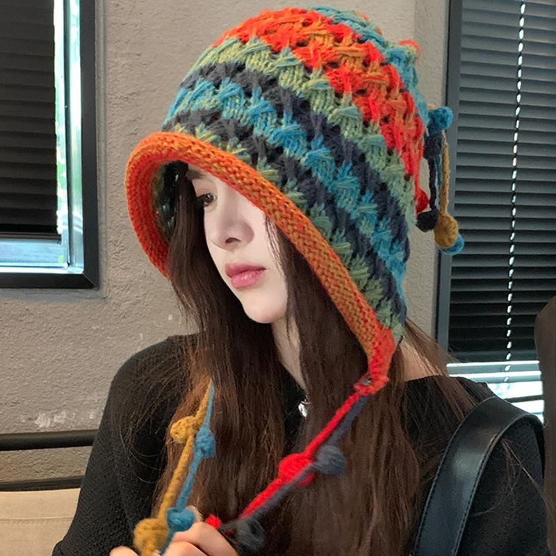 Hand crocheted thickened warm ear protectors colored wool knitted hat women