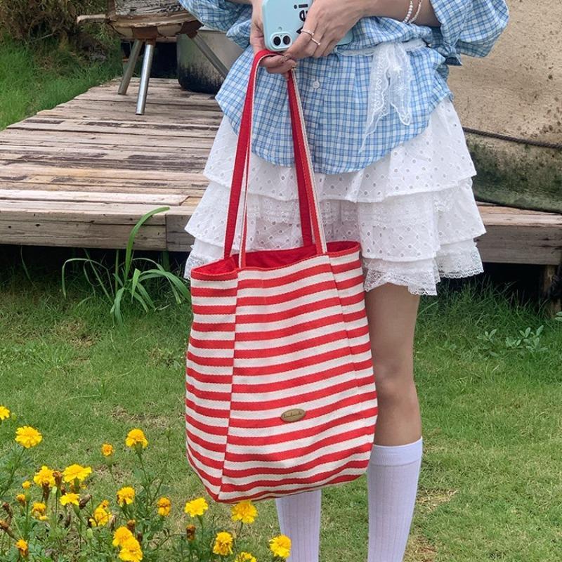 Double-sided striped canvas bag Lazy wind large capacity shoulder tote bag Student casual shopping bag Female