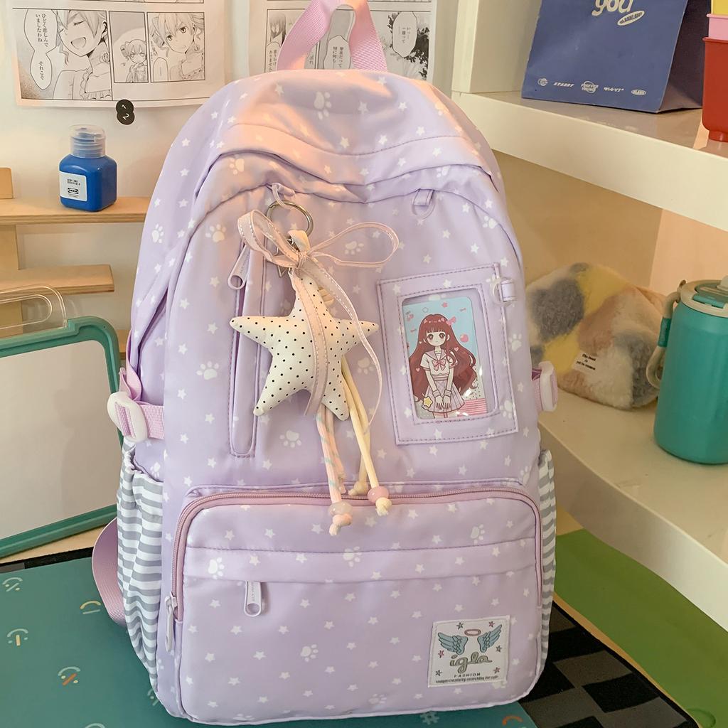 Schoolbag Girl Wind Snowflake Polka Dot Backpack Female Student Campus Cartoon Junior High School Student Large Capacity Daily School Bag Girl