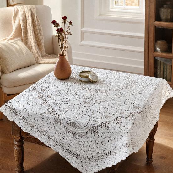 White Lace Tablecloth, Square Scalloped Floral Lace Doily, Elegant Vintage Table Cover for Nightstand End Table Tea Party Home Decor