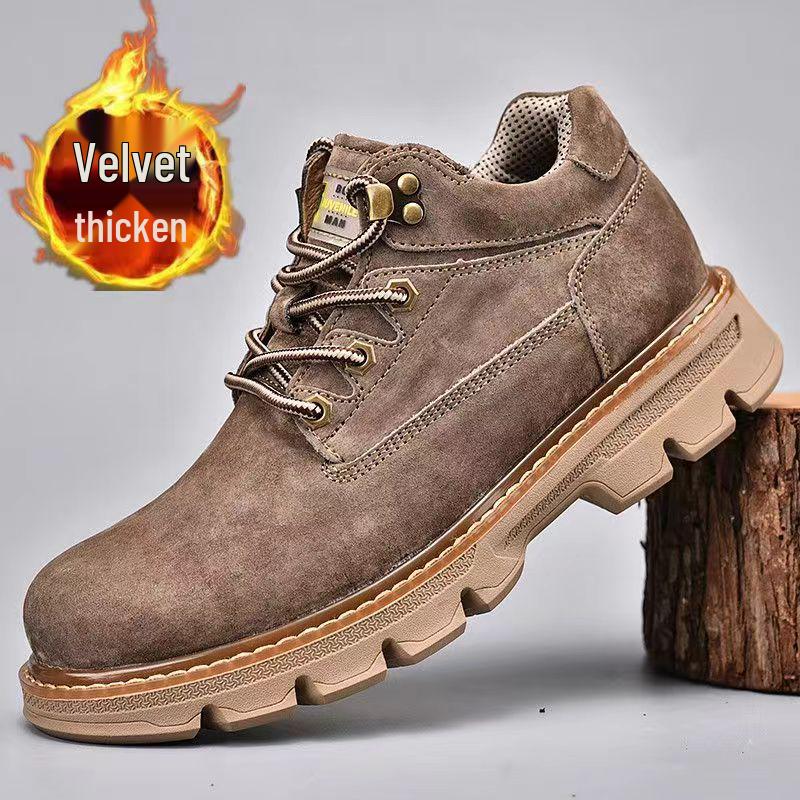 Men's Yellow Leather Toe Cap Pigskin Short Boots - Casual Velvet-Lined Warm Autumn/Winter Style