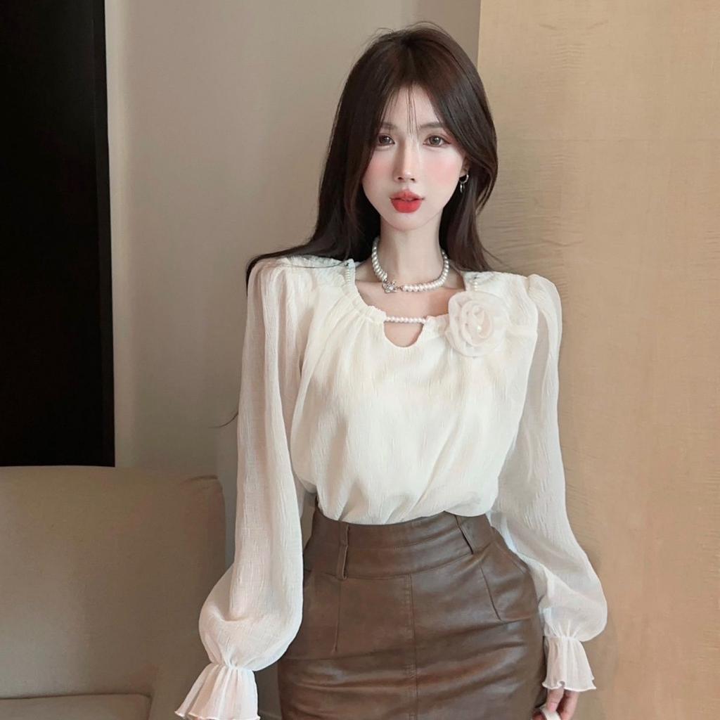 French Court Style Chiffon Blouse Women's Spring Autumn Elegant Long Sleeve Stylish Outerwear Shirt Top