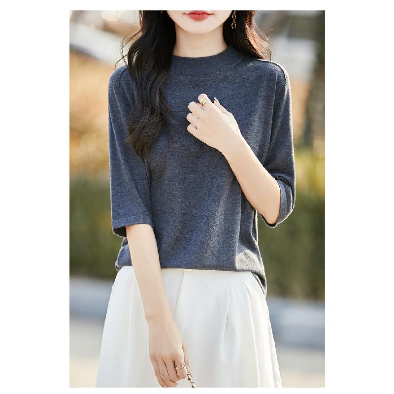Half-high Round Neck Knit Short-sleeve Top, 2026 Spring-summer New Women's Solid Color Pullover Base Shirt