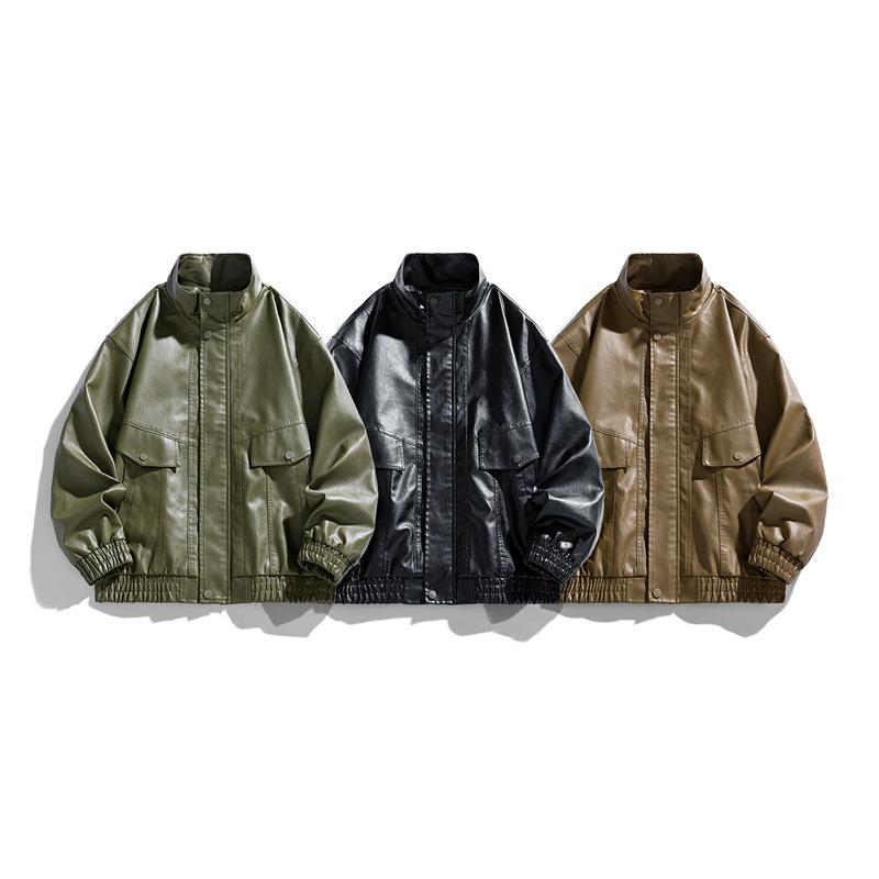 American locomotive baseball jersey washed leather jacket men's spring and autumn lapel wide