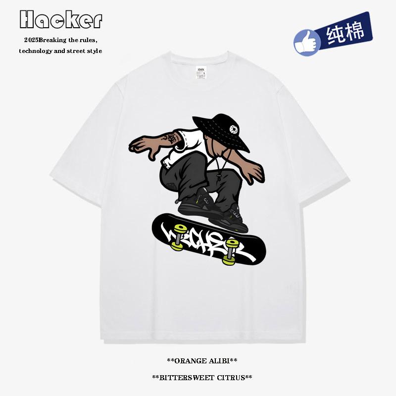 American Trendy Streetwear Cartoon Skateboard Print Shortsleeved Tshirt Loose Fit Suitable for Students and Couples New Style