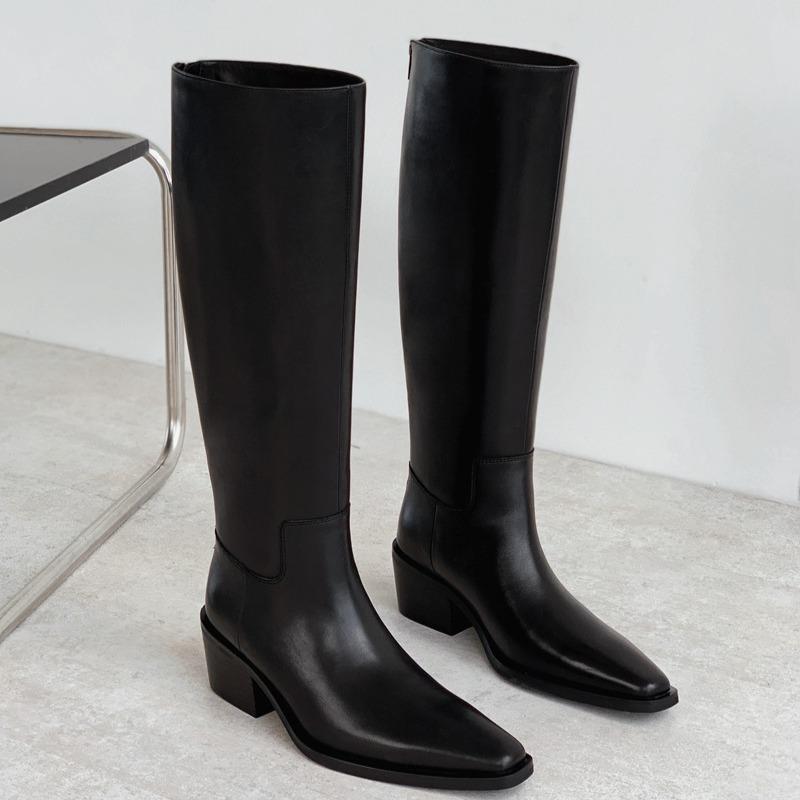 

Square Toe Soft Sole Leather Tall Boots Fashion Back Zipper Anti-Slip Wear-Resistant Block Heel Shoes for Women 40 чорний
