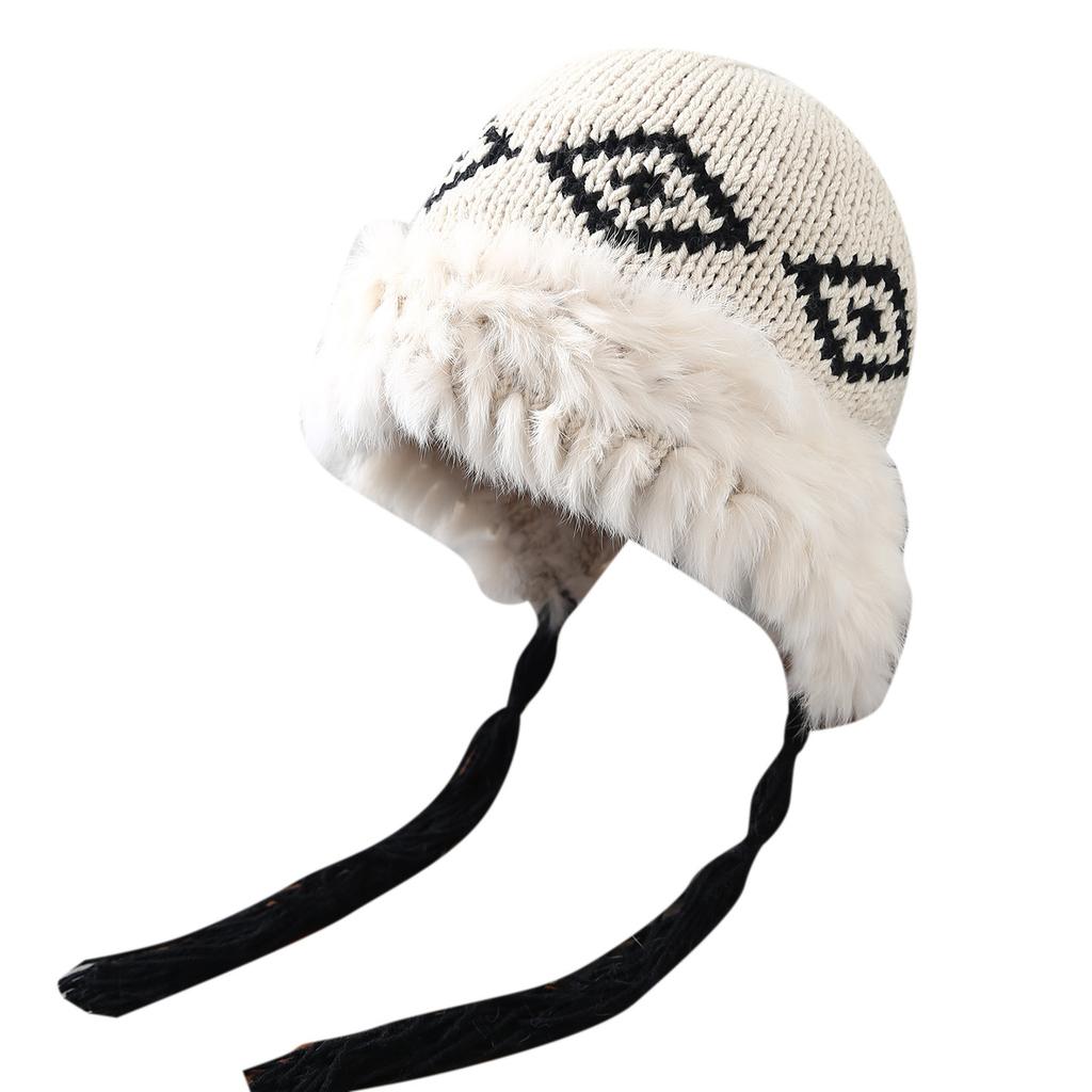 South Korea's new autumn and winter rabbit hair cold-proof wool hat women's warm ear protection straps plush knitted hat
