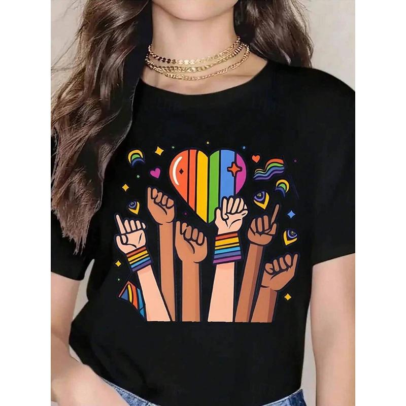 Women's T-Sleeve Rainbow Letter Pattern Printing Retro Fashion Round Neck Short-Sleeved Women's Clothing