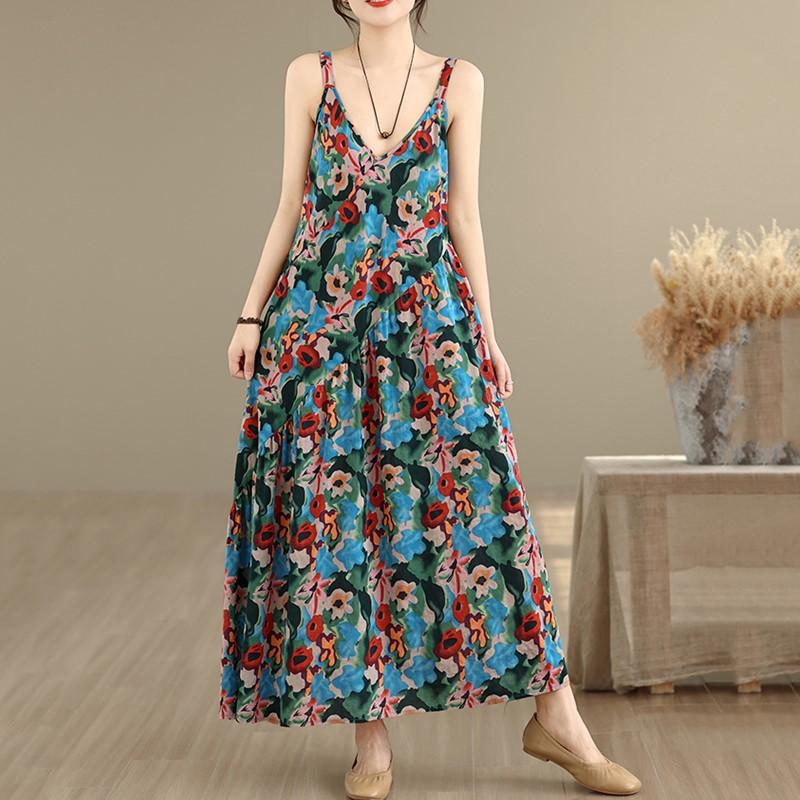 Sleeveless Strap Cotton Vintage Floral New in Dresses For Women Casual Loose Long Summer Dress Elegant Clothing
