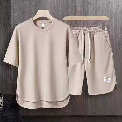 Abbigliamento Sportivo Casual da Uomo Estivo Maglietta a Maniche Corte a Quadri Walf e Pantaloncini Set 2 Pezzi Stile di Strada Trendy Coreano
